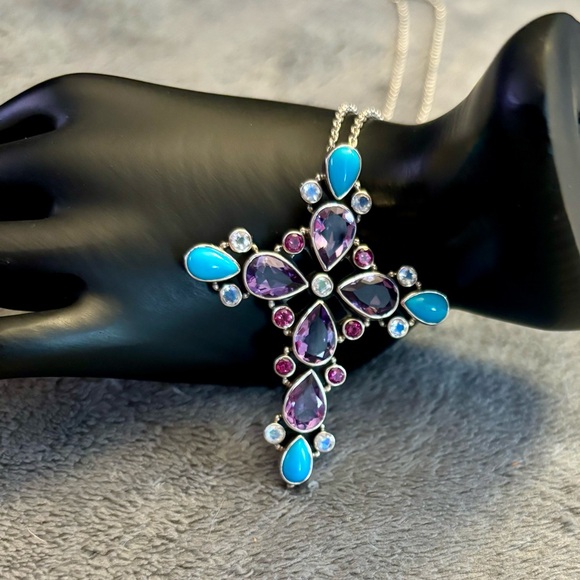 Vintage Nicky Butler Turquoise Amethyst Cross Sterling Silver Necklace